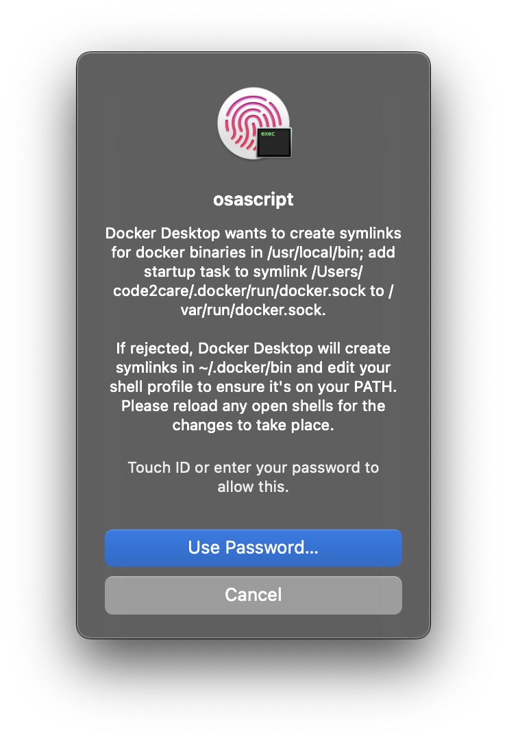 osascript - Docker Desktop wants to create symlinks